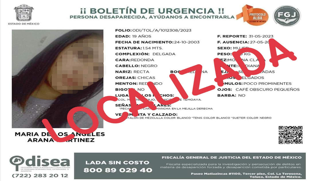 Colabora PGJE con Fiscalía del Estado de México para ubicar a mujer reportada como no localizada